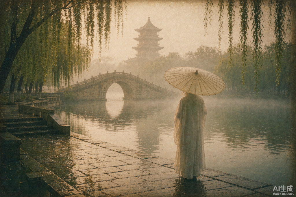 江南水乡雨后的西湖，石拱桥、垂柳与油纸伞的复古胶片质感照片